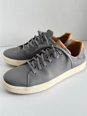 OluKai Gray Leather Low-Top Sneakers with Tan Collar Accent